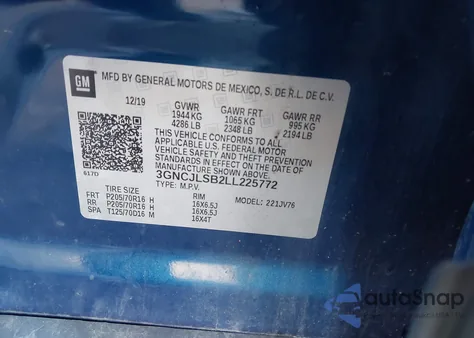 2020 Chevrolet Trax Fwd Lt from USA, damaged, VIN 3GNCJLSB2LL225772